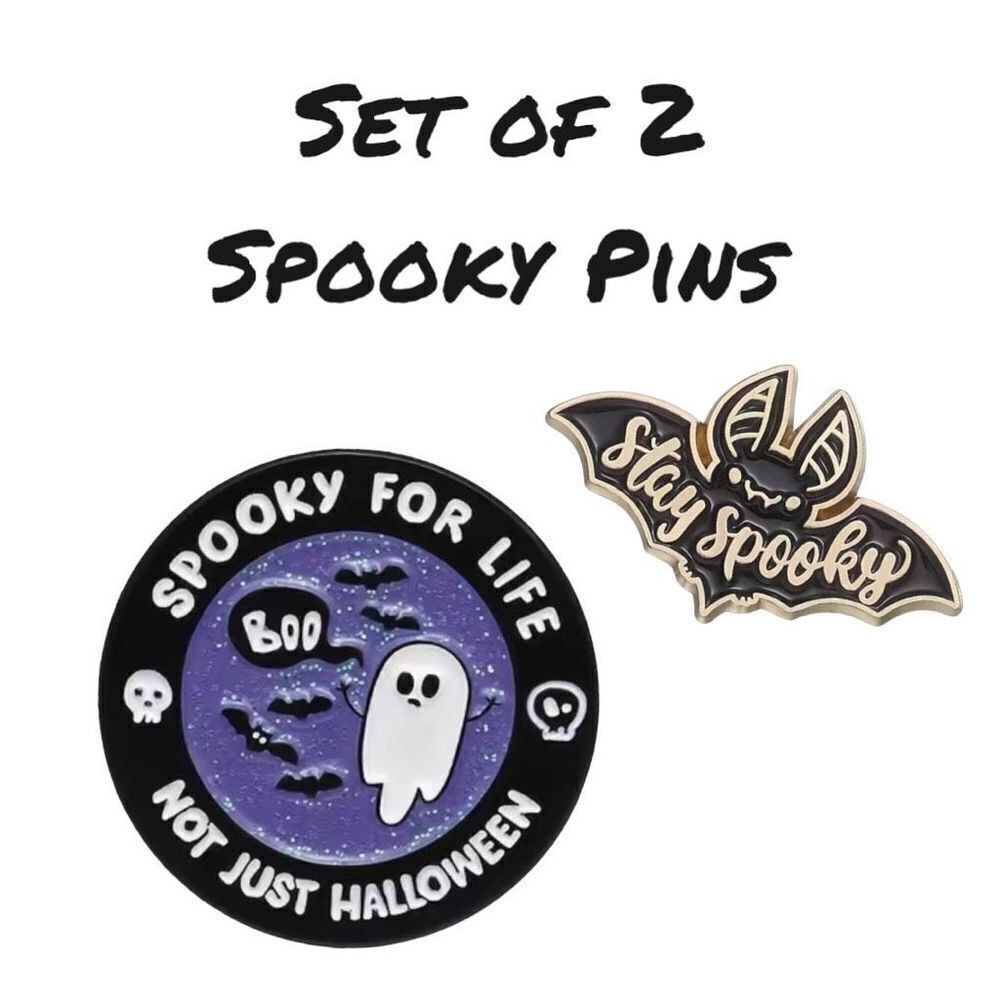 New Stay Spooky For Life Set of 2 Pins Cute Purple  Glitter Bat Ghost Halloween